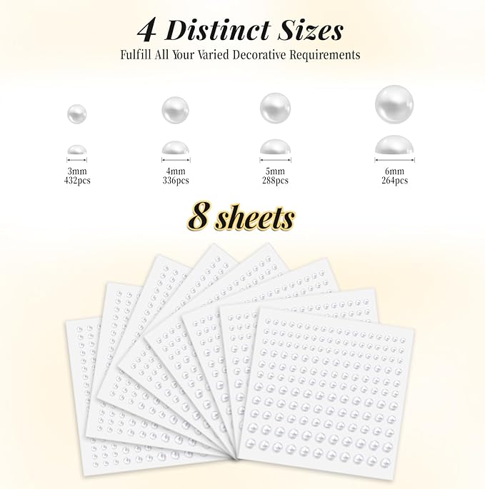 Pearl Stickers for Hair Decoration, Self-Adhesive Gems, 3-6mm White Jewels, Face Body Nail Art Craft (1320)