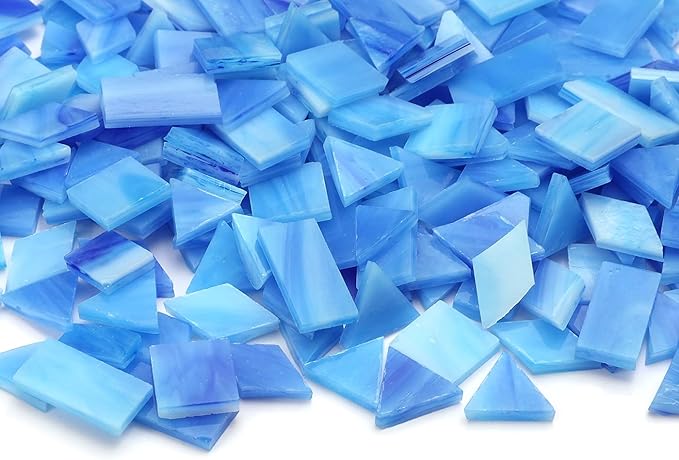 Lanyani 200pcs Glass Mosaic Tiles - Mixed Colorful Shapes: Square, Rectangle, Diamond, Triangle - Ocean Blue