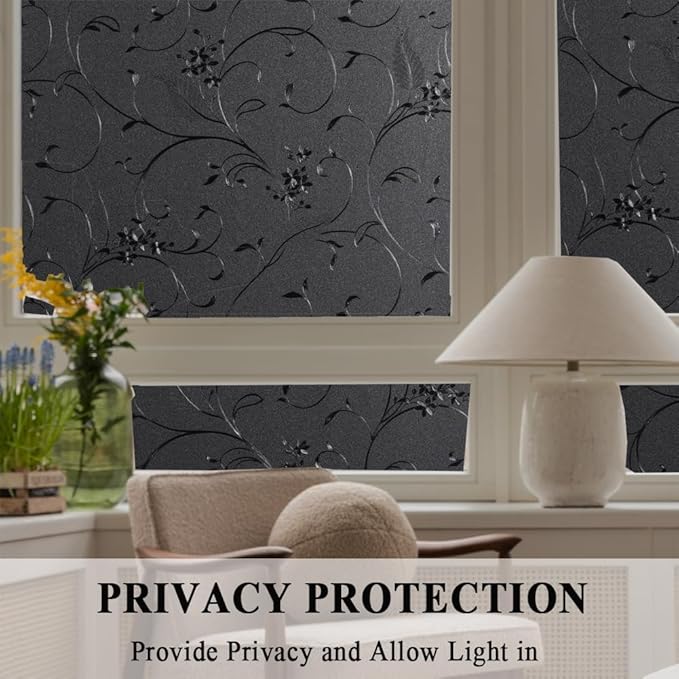 Mikomer Total Blackout Window Film,100% Light Blocking Privacy Glass Door Film Etched Flowers,Room Darkening Window Cling,No Glue/Heat Control/Anti UV for Day Sleep & High Privacy,35In. by 118In.