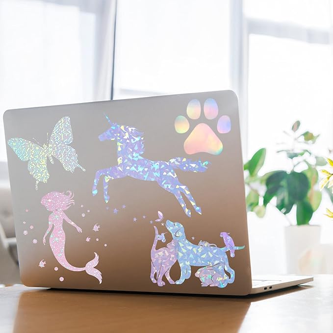 36 Sheets Holographic Sticker Paper Clear A4 Vinyl Sticker Paper Self Adhesive Waterproof Transparent Film Gem Rainbow Star Patterns, 11.7 x 8.3 Inch (Gem,Rainbow,Spot,Star,Snowflake,Heart)