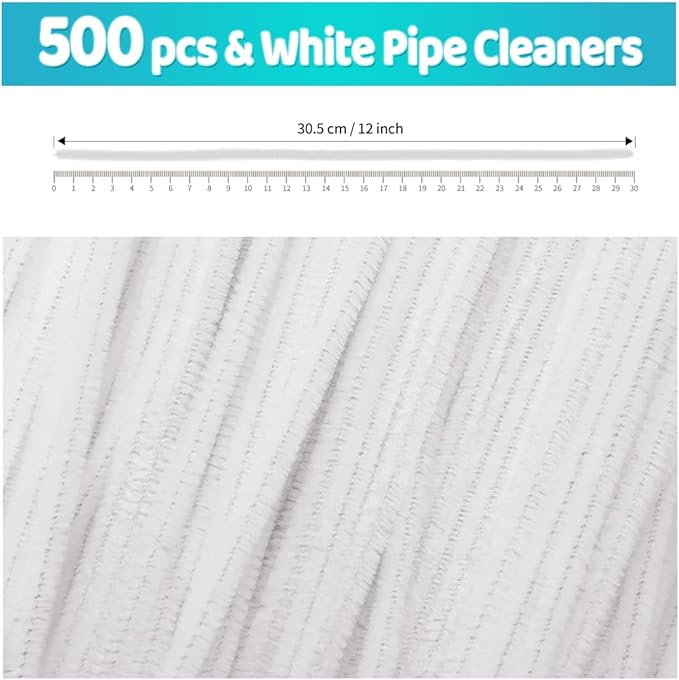 Iooleem 500pcs White Pipe Cleaners, Chenille Stems, Pipe Cleaners for Crafts, Pipe Cleaner Crafts, Art and Craft Supplies.