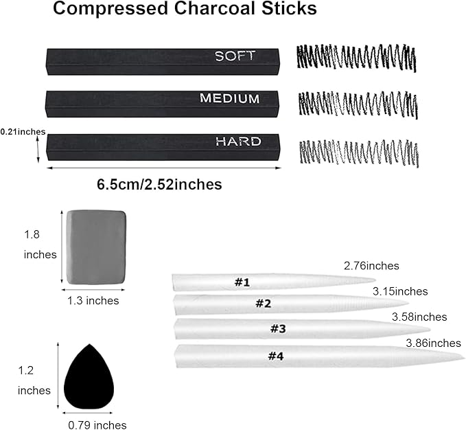 46 PCS Blending Stumps and Tortillions Paper Art Blenders Sketch Drawing Tools with Charcoal Sticks,Sandpaper Sharpeners,Wipe Scrapers,Rub Sponge and Kneaded Eraser for Student Artist Drawing Shading