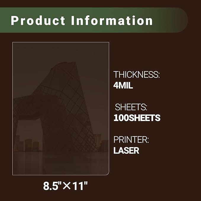 Laser Transparency Film 100 Sheets 8.5 x 11 Inche Overhead Projector Film Clear Transparency Paper for Laser Printer