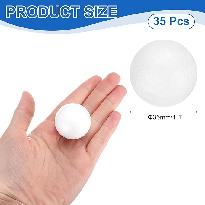 uxcell 35 Pcs White Foam Balls, 1.4 Inch Polystyrene Craft Foam Balls Solid Round Ball for Art, Household, DIY, Party Decorations