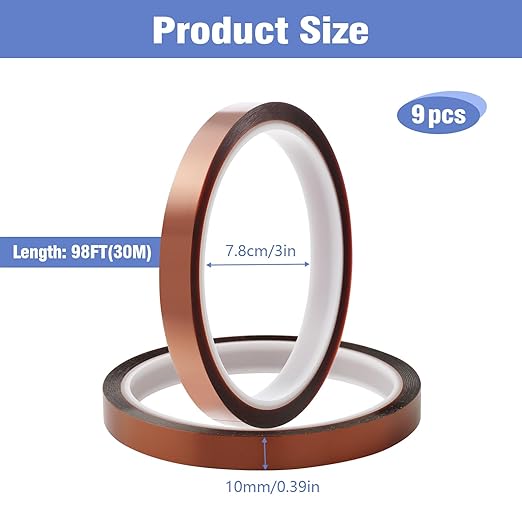 9 Rolls 10mm×30m (98Ft) Sublimation Tape Heat Transfer Tape High Temperature Heat Resistant Tape, Heat Tape for Sublimation Heat Press Electronic Soldering Masking, No Residue