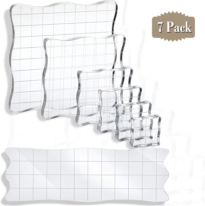 Mudder 7 Pieces Acrylic Stamp Blocks Set Clear Stamping Blocks Tools for Kids with Grid and Grip Scrapbooking Craft Making, Decorative DIY Essential Stamping Tool(Lace Edge)