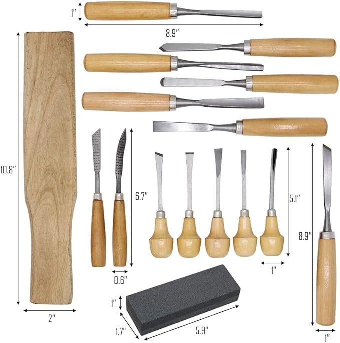Lulu Home Wood Carving Tools, 16PCS Professional Carving Knife Tool Set for Woodworking Premium Wood Handle with Chisel Gouge Whetstones