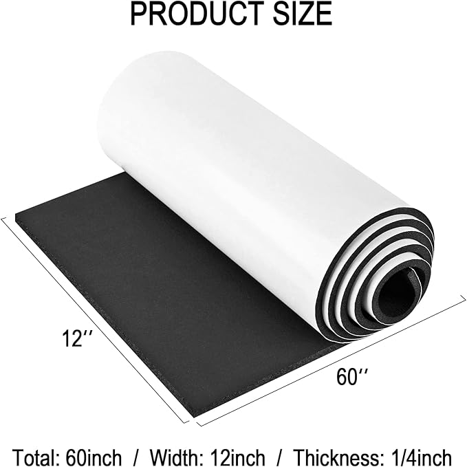Neoprene Sponge Rubber Foam Sheets with Adhesive Backing, 12" x 60" x 1/4" Black Foam Roll Insulation Board Soundproof Neoprene Mat, Great for Cosplay Padding, DIY, Gaskets, Costume, Crafts
