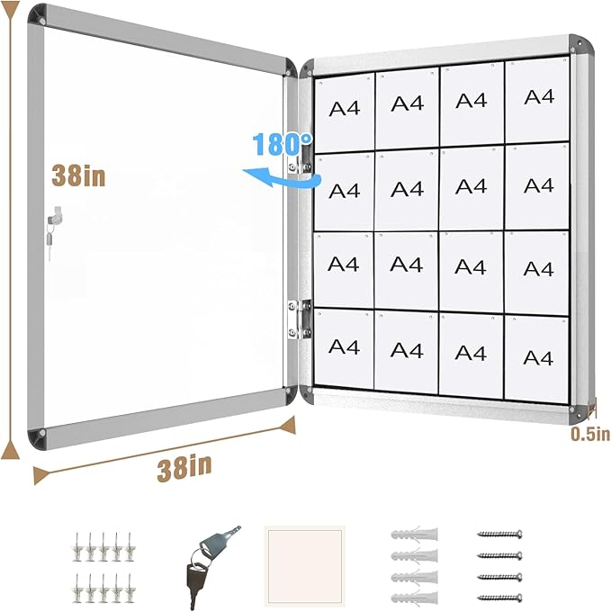 38"x38" Enclosed Bulletin Board, Lockable Weather-Resistant Aluminum Cork Noticeboard for School & Office, Silver Frame w/Black Flet