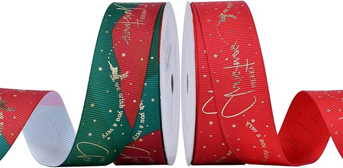 Christmas Gift Wrapping Ribbon, Red, Green, 2 Rolls Printed Grosgrain Ribbons for Crafts, Floral Bouquets, Sewing, Party and Festive Holiday Decor (2 Rolls(Color Blocking/Red), 1 Rolls=1in * 5Yards)