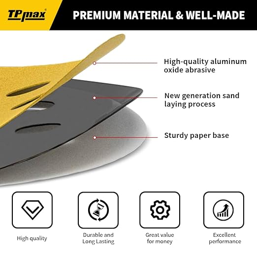 100PCS 5 Inch 120 Grit 125mm 8 Hole Sanding Discs Sandpaper - Premium Gold Round Hook and Loop for Random Orbital Sander - Ideal for Wood, Metal, Automotive