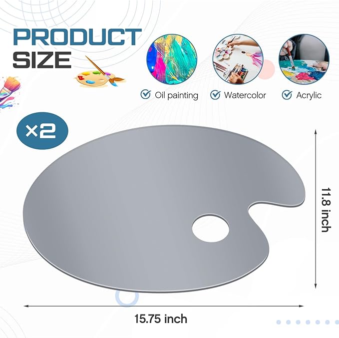 Honoson 2 Pack 11.8 x 15.7 Inch Acrylic Paint Palette with Thumb Hole Clear Paint Pallet, Easy to Clean Non Stick Artist Pallet for Oil Watercolor Craft DIY Painting Palette (Oval)