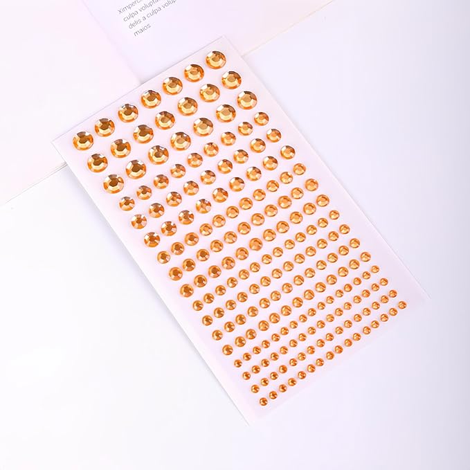 Self Adhesive Face Gems and Pearls for Makeup, Festival Jewels, Hair Gems Pearls, 3/4/5/6/8 mm Round Rhinestone Stickers for Face, Eye, Makeup, Body, Crafts 591Pcs (06_Orange)