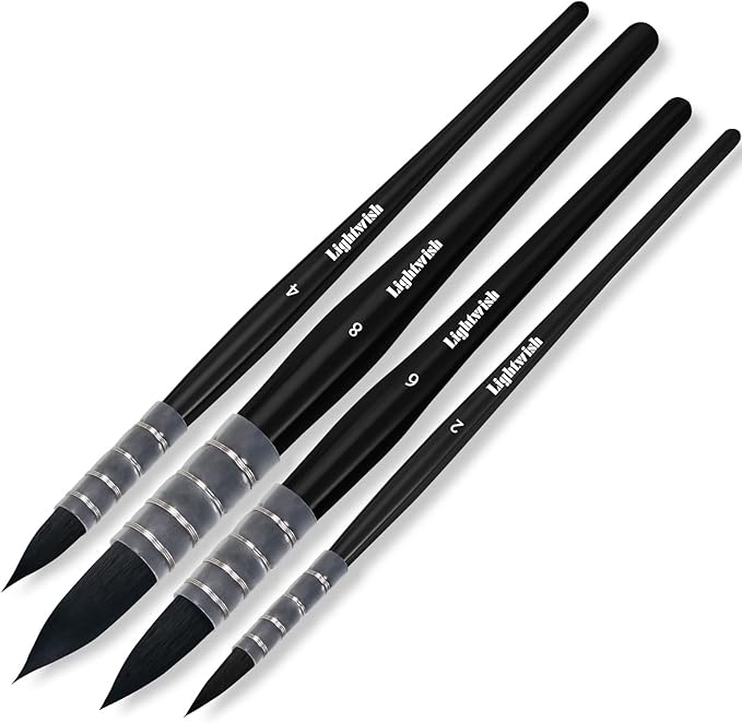 Lightwish Watercolor Brushes Set, Synthetic Squirrel Hair Paint Brushes Kit :#2#4#6#8 for Artists, Adults, and Hobbists, Pointed Round Mop Brush for Watercolor, Gouache,4 Pcs