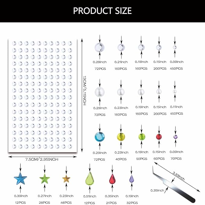 2450Pcs Hair Gems Rhinestones Self Adhesive Stickers with Tweezers Pearls Diamonds Letters for Face Eyes Nails Clothing Crafts Bling Accessories
