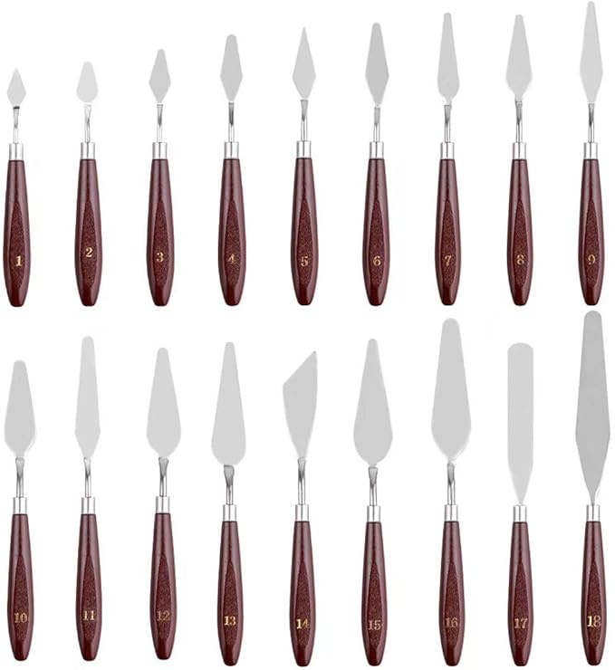 18 Piece Painting Knives Stainless Steel Spatula Palette Knife Professional Palette Knife Painting Wood Handle Oil Painting Accessories Color Mixing Set for Oil Canvas Acrylic Painting