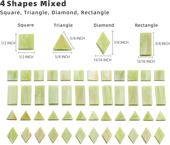 Lanyani Glass Mosaic Tiles for Art Crafts, 4 Shapes Mixed Tiffany Stained Glass Pieces, 200 Pieces, Square/Rectangle/Diamond/Triangle,New Leaf Green