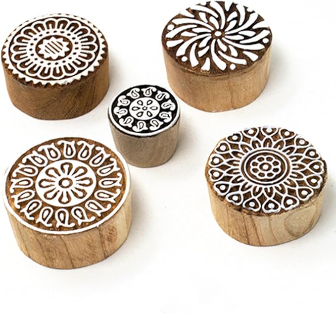 Round Shape Wooden Stamp Block for Block Printing - Handcarved Stamps for Saree Border/Scrapbook/Fabric/Textile/Paper/Clay/Pottery (Set of 5) Hashcart®