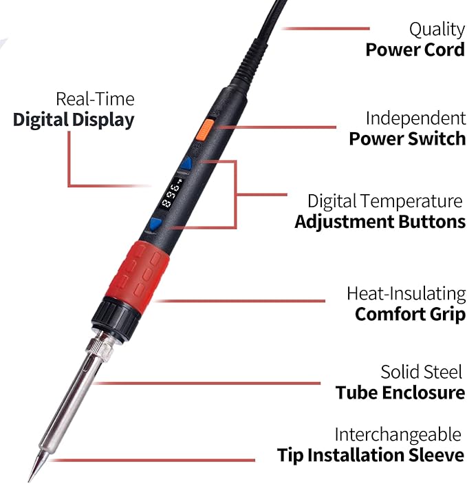 YIHUA 928D-III Soldering Iron,110W High Power, Fully Digital Display °F /°C- Temperature Control Soldering Tool, Accurate 194~896°F, with ON/OFF Switch, Iron Tip, Brass Wool, Automatic Sleep Mode