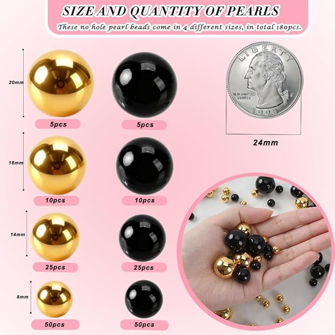 Pearl Beads No Hole Pearls for Crafting 180 Pcs Fake Pearls Faux Pearls for DIY Crafts Jewelry Making Vase Filler Floating Candle Wedding Birthday Party Home Decorations (Black & Gold, 8/10/14/20mm)