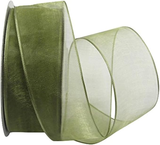 Ribbon Bazaar Sheer Organza Wired Ribbon - 100% Polyester Wire Edged Ribbon for Floral Decor, Table Arrangements, Apparel Embellishment & More - 1-1/2" Moss 25yd