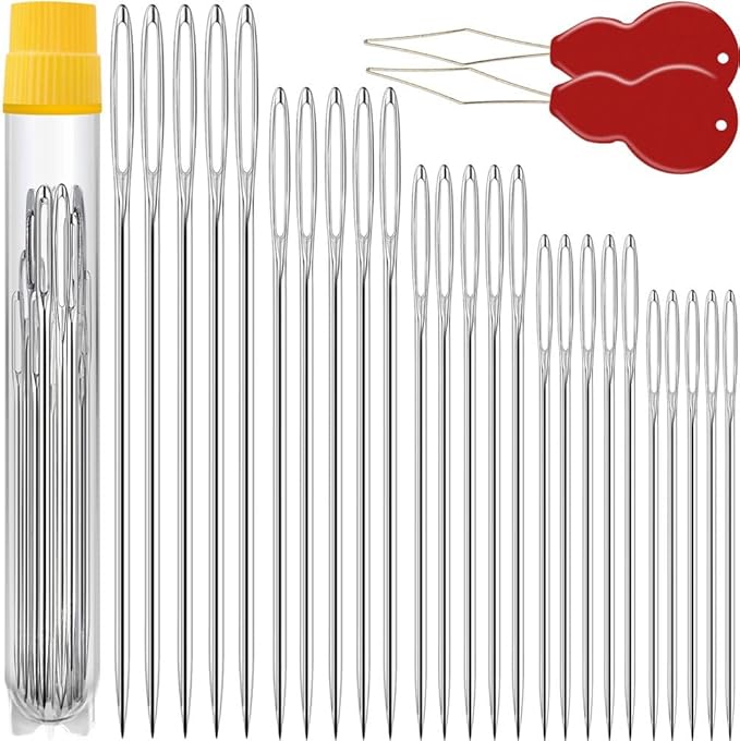 100 Pack Premium Large Eye Needles for Hand Sewing with Needle Threaders, Assorted Sizes, Embroidery Needles for Hand Sewing, Sewing Needles Large Eye, Big Eye Needle