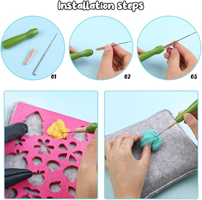 Needle Wool Felting Starter Kit with Exquisite Green Storage Bag, Wool Roving 40 Colors Set, Tools for Felted Animal Needle Felting Supplies