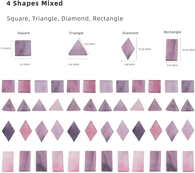 Lanyani 200 Mixed Color Glass Mosaic Tiles - 4 Shapes, Tiffany Stained Glass Pieces for Crafts, Purple