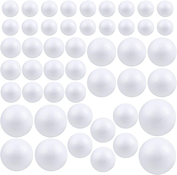 Pllieay 48 Pieces 6 Sizes White Foam Balls, Polystyrene Craft Foam Balls for Art, Craft, Household, School Projects, Party Decoration