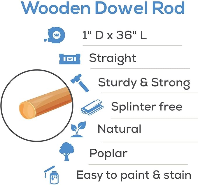 Wooden Dowel Rod, 1 Inch x 36 Inch Wood Dowels, Pack of 2 Wooden Dowels for Crafts, Unfinished Hardwood Wooden Dowels Rods, Strong Wood Rod Dowels for Crafting and DIYers