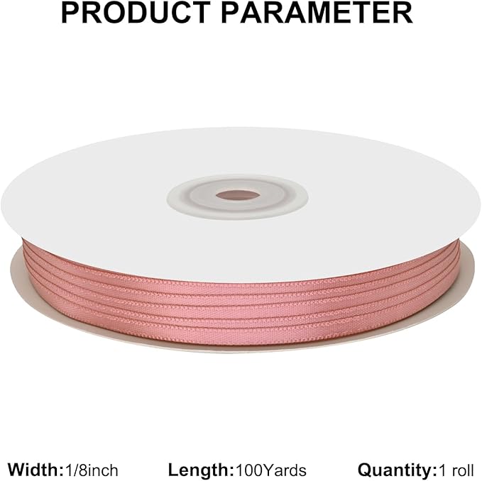 1/8" X 100 Yards Dusty Rose Satin Thin Ribbon Solid Color Double Faced Ribbons Perfect for Crafts Wedding Decor Bow Making Arts Sewing and More
