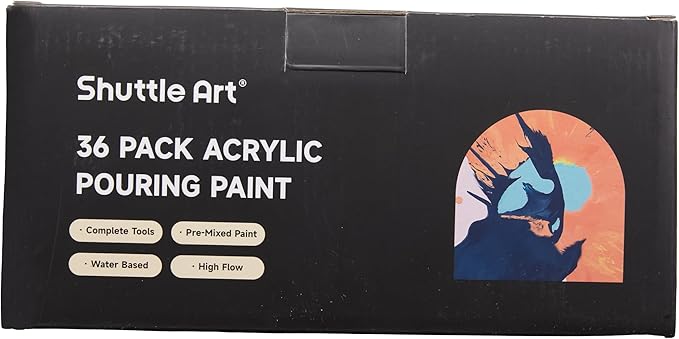 Shuttle Art Acrylic Pouring Paint, Set of 36 Bottles (2 oz/60ml) Pre-Mixed High-Flow Pouring Supplies with Canvas, Silicone Oil, Measuring Cups, Tablecloths, Complete Paint Pouring Kit