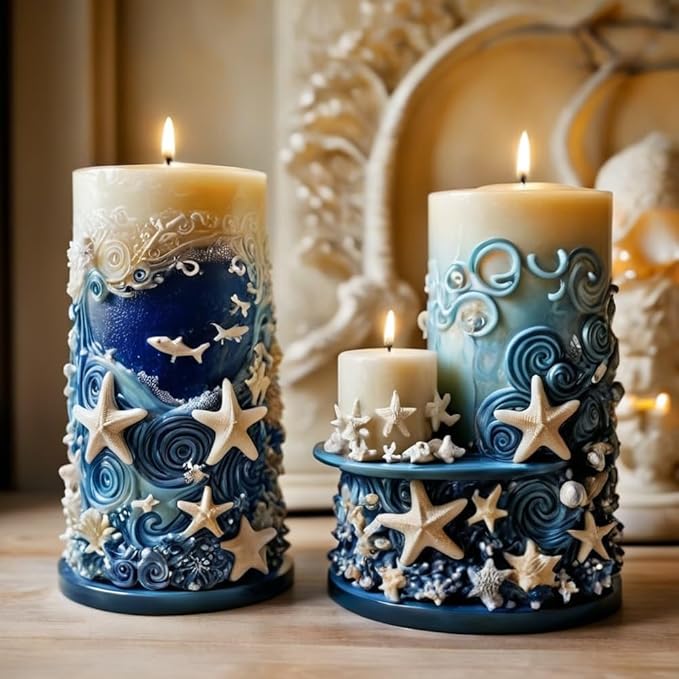 Starfish Shell Cylindrical Candle Mold, Marine Conch Silicone Mold, Wave Epoxy Resin Casting Mold, Chocolate Fudge, DIY Wax Soap, Candle Making Process Essential Materials D