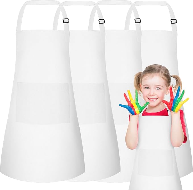 PLULON 8 Pcs Kids Apron Bulk Adjustable White Chef Apron with 2 Pockets Painting Aprons for Kids Cooking Baking Crafts (White)