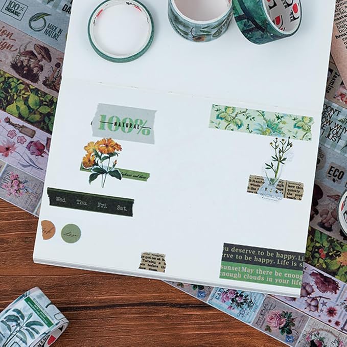 MAFELOE Decorative Vintage Washi Tapes Set 20 Rolls 2 Meters Long, Adhesive Scrapbook Junk Journaling Art Craft Collage Supplies-Forest Dream Series-Green (WT-M4-SLMJ)