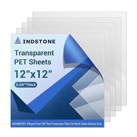 5 Pack 12”x12” x0.04” Clear PET/Plexiglass Sheet, INDSTONE Transparent Flexible Plastic Sheet 12x12, Clear Plastic Sheet for Crafts, Picture Frames, Painting, Sign Blank