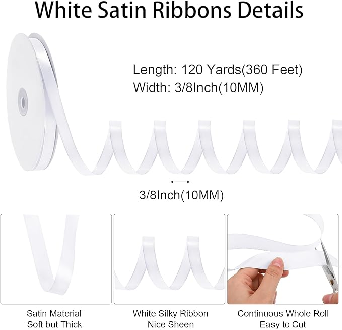White Ribbon 3/8 Inch 120 Yards Thin Ribbon White Satin Ribbons for Hair Gift Wrapping Bow Making Gift Bags Jewelry Beaded String Balloon Sewing Cards DIY Crafts Christmas Decorations