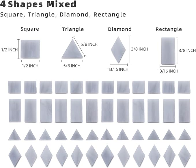Lanyani 200 Pieces Glass Mosaic Tiles, 4-Shapes Mixed Stained Glass Pieces Tile for Crafts,Light Grey