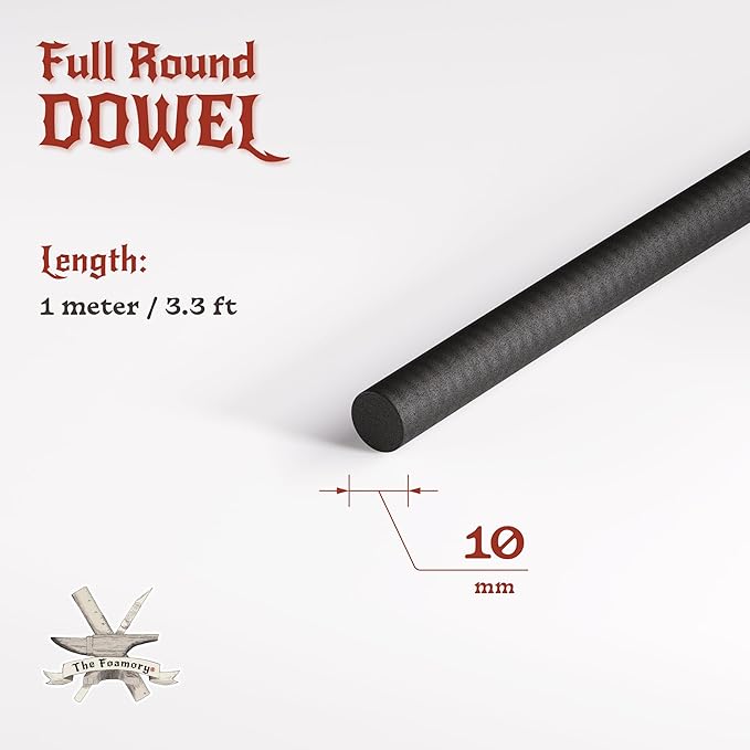 The Foamory's No Waste Full Round EVA Foam Dowel. 5-40mm x 1M High-Density Black Craft Foam Stick. Pre-Cut for Quick Cosplay Armor Trim, Weapon Enhancement and Costumes. Time Saving, Paint-Ready Bevel
