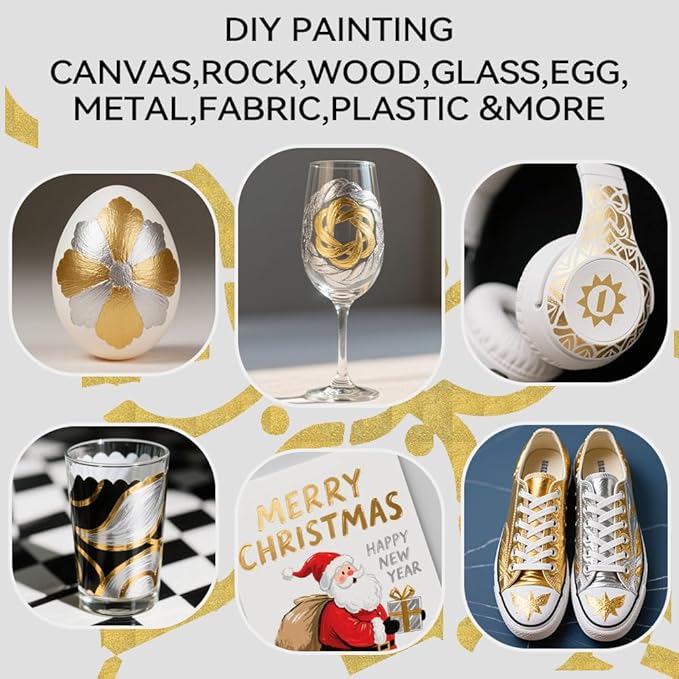TRANSON 3 Gold, 3 Silver, 1 Black and 1 White Paint Markers Brush and Bold Dual-tip Acrylic Paint Marker Set for Rock Painting Glass Canvas Wood Leather Ceramic Painting