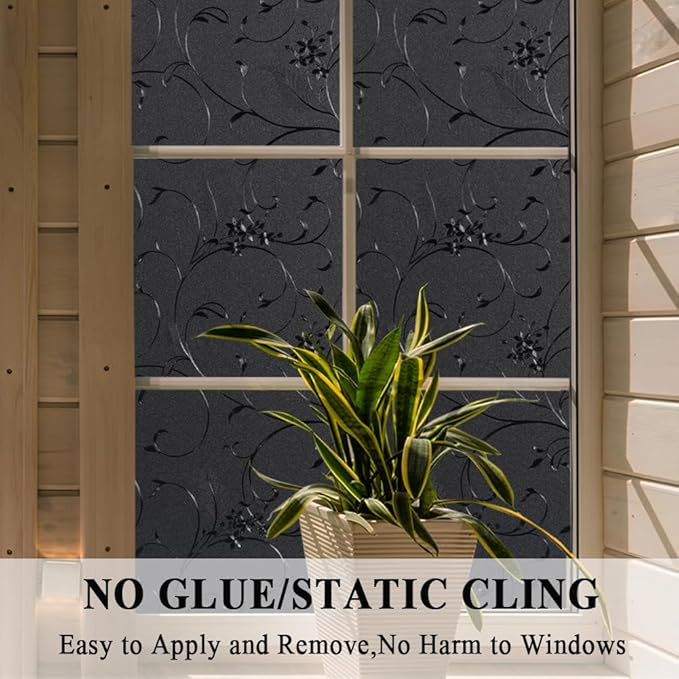 Mikomer Total Blackout Window Film,100% Light Blocking Privacy Glass Door Film Etched Flowers,Room Darkening Window Cling,No Glue/Heat Control/Anti UV for Day Sleep & High Privacy,17.5In. by 157In.