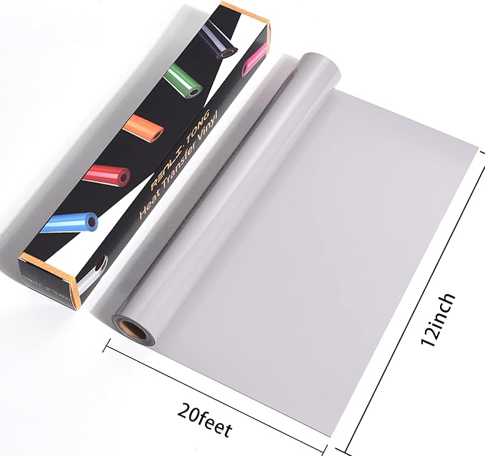 RENLITONG Grey Iron on Vinyl 12Inch by 20ft Roll HTV Heat Transfer Vinyl for T-Shirt HTV Rolls for All Cutter Machine - Easy to Cut & Weed for Heat Transfer Design
