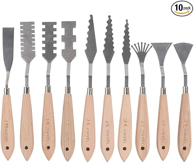 CONDA Palette Knife Set -10Pcs Stainless Steel Spatula Pallet Knife Painting Tools Metal Knives Wood Handle with Different Shapes and Sizes