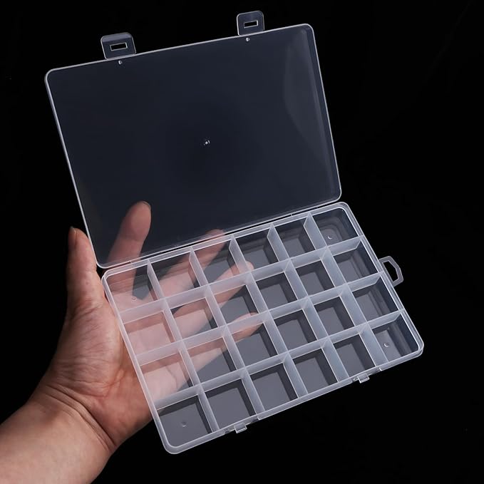 2pcs 24 Grids Clear Plastic Organizer Box Fixed Compartment Storage Container for Craft, Beads, Jewelry, Small Parts, 7.4X5.1X0.86 INCH