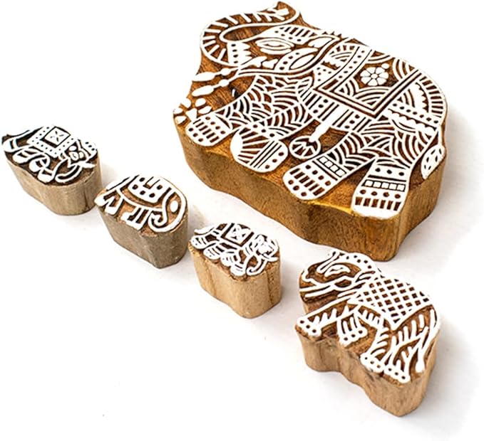 Wooden Block Stamp for Block Printing - Elephant Design Wooden Print Stamp Set of 5, Handcarved Indian Wood Stamps for Crafting on Fabric, Clay & Henna Tattoo HASHCART®