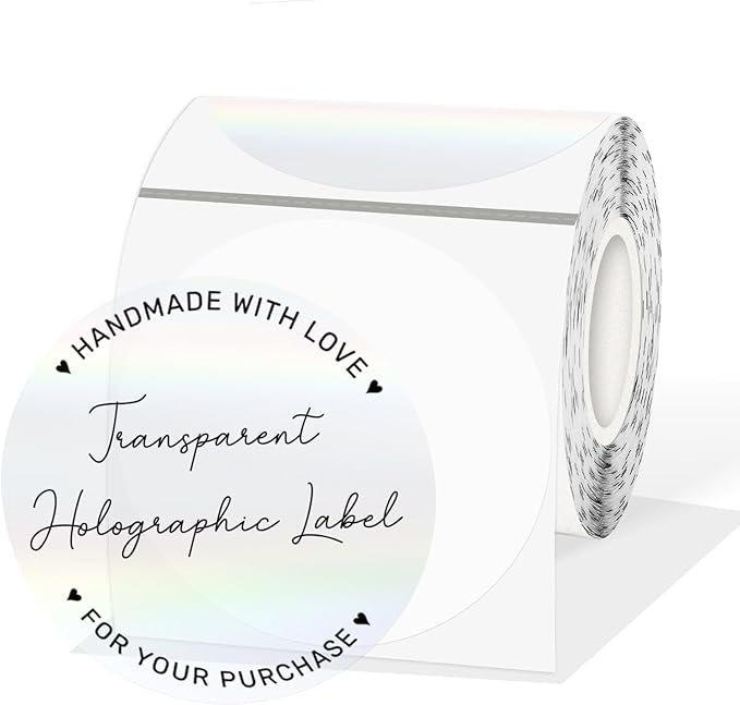 3" Round Transparent Clear Thermal Label Stickers, Holographic Clear Self-Adhesive Direct Thermal Labels, Perforation Line Design& Waterproof- 200 Sheets