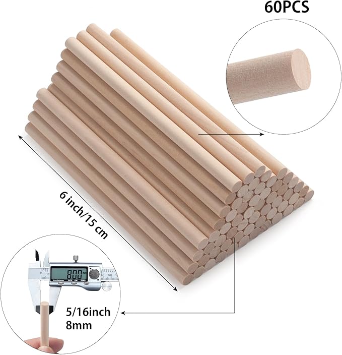 Wooden Dowels Wooden Sticks for Crafts 5/16" x 6", 60 PCS Wood Dowel Rods, Wood Sticks for Crafting, Macrame Dowels, Unfinished Round Hardwood Stick for Tiered Cake Support and Wedding Ribbon Wands