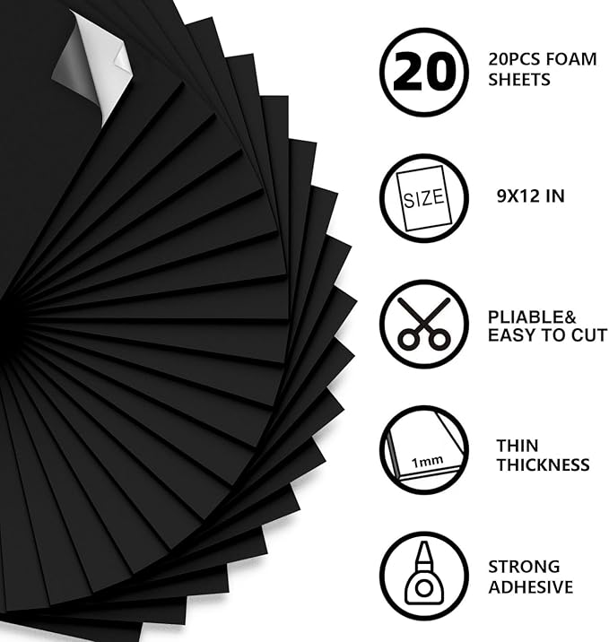 MEARCOOH Self Adhesive Foam Sheets Black, 1mm Sticky Eva Foam Paper 9x12 Inch for Crafts(20PACK)