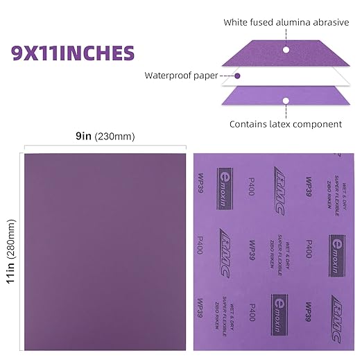 Sandpaper 400 Grit 20 PCS, Wet Dry Sanding Sheets 9 x 11 Inch, Purple Alumina Abrasive Sand Paper for Wood, Metal, Drywall, Resin, Automotive Sanding, Polishing, Grinding, by POLIWELL