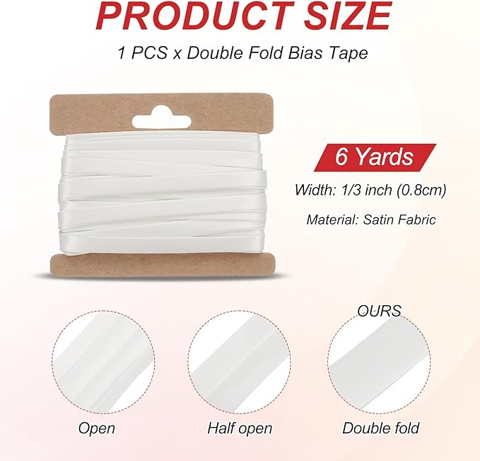 MECCANIXITY Double Fold Bias Tape for Sewing 1/3 Inch x 6 Yards Satin Pre-fold Continuous Binding Tape for Seaming Quilting Hemming Binding DIY Crafts, White